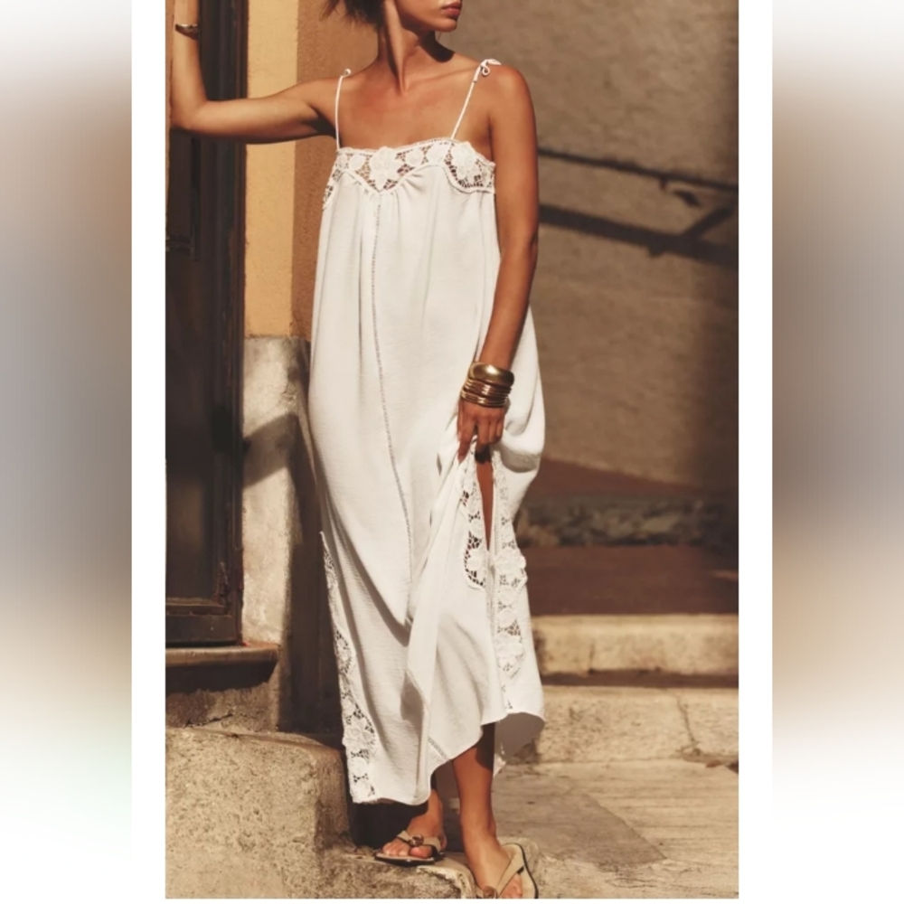 Zara White Maxi Dress with Lace Trim